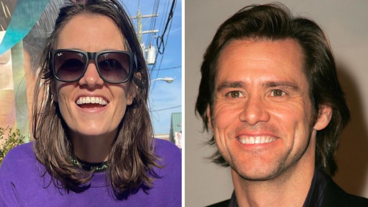 Comedian Heather Shaw. Right: Jim Carrey.