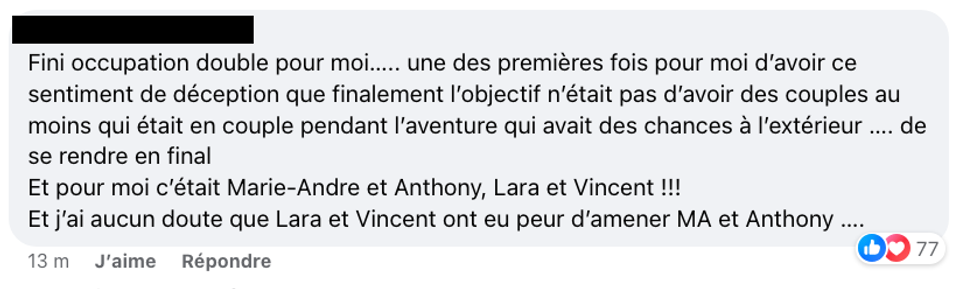Commentaire d'une internaute qui dit qu'Occupation Double, c'est fini.