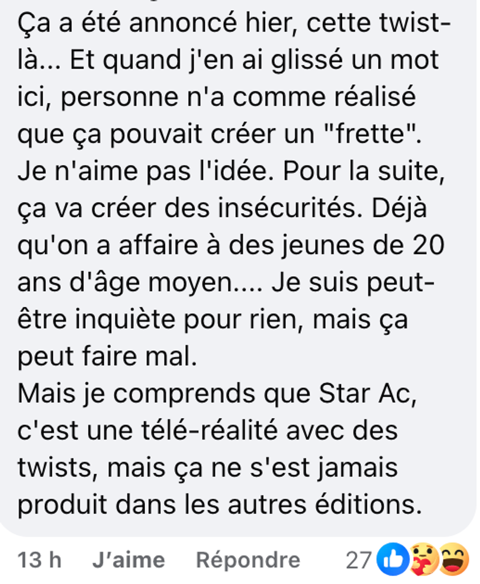 Commentaire du public sur les r\u00e9seaux sociaux de Star Acad\u00e9mie.