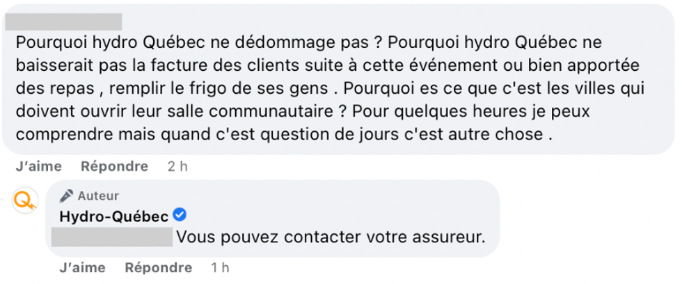 Commentaire et r\u00e9ponse d'Hydro-Qu\u00e9bec.