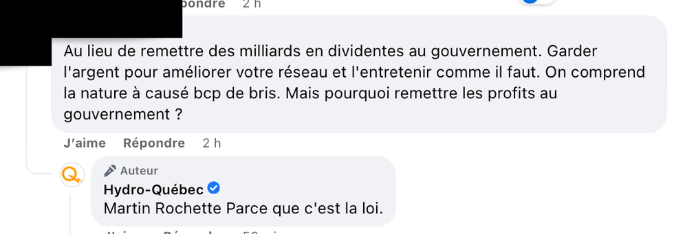 Commentaire et r\u00e9ponse d'Hydro-Qu\u00e9bec.