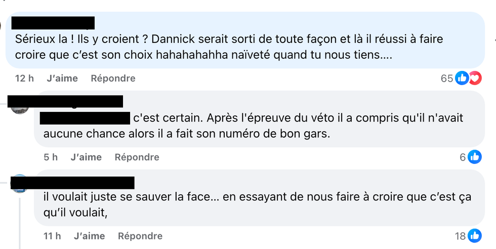 Commentaire Facebook : les fans pensent que Danick a laiss\u00e9 sa place comme il allait \u00eatre \u00e9limin\u00e9.