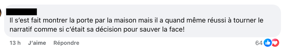 Commentaire Facebook : les fans pensent que Danick a laiss\u00e9 sa place comme il allait \u00eatre \u00e9limin\u00e9.