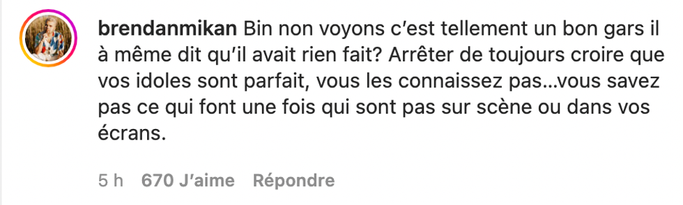 Commentaire Instagram de Brendan Mikan.