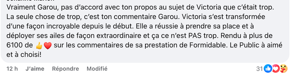 Commentaire laiss\u00e9 sous une publication de la page Star Acad\u00e9mie TVA sur Facebook.