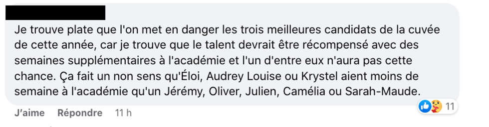 Commentaire sur le Facebook de Star Acad\u00e9mie TVA.