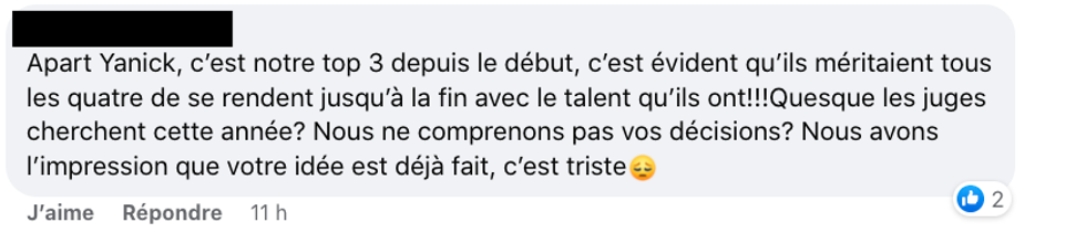 Commentaire sur le Facebook de Star Acad\u00e9mie TVA.