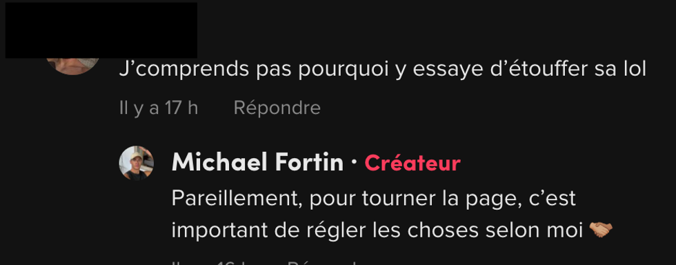 Commentaire sur TikTok.