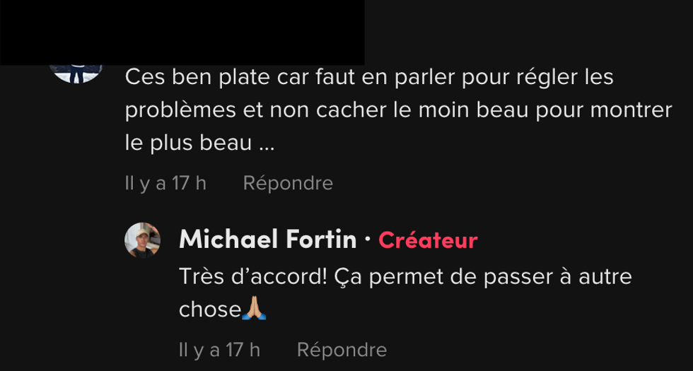 Commentaire sur TikTok.