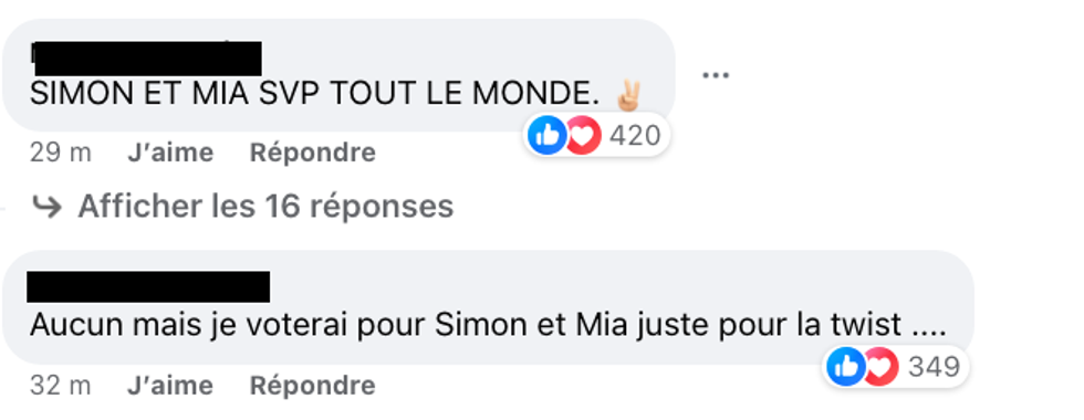 Commentaires de fans d'Occupation Double qui encouragent \u00e0 voter pour Mia et Simon.