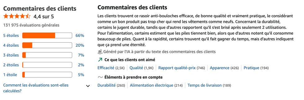 Commentaires des clients sur le rasoir pour tissu BEAUTURAL sur Amazon.