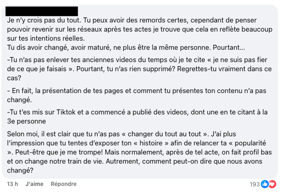 Commentaires n\u00e9gatifs sous la publication de Dylan Demers, sur Facebook.