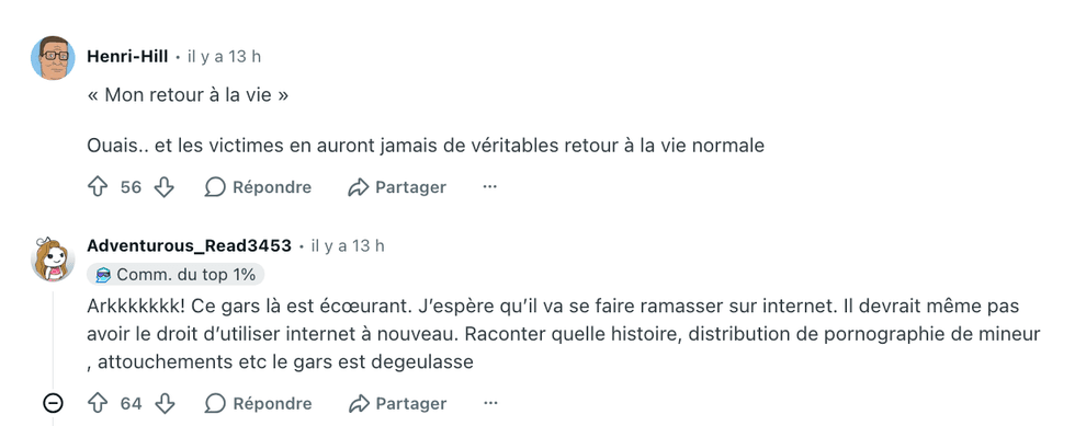 Commentaires n\u00e9gatifs sur retour de Dylan Demers, sur Reddit.