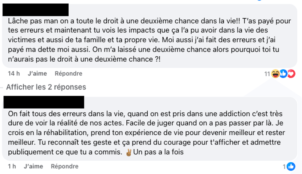 Commentaires positifs sous la publication de Dylan Demers, sur Facebook.