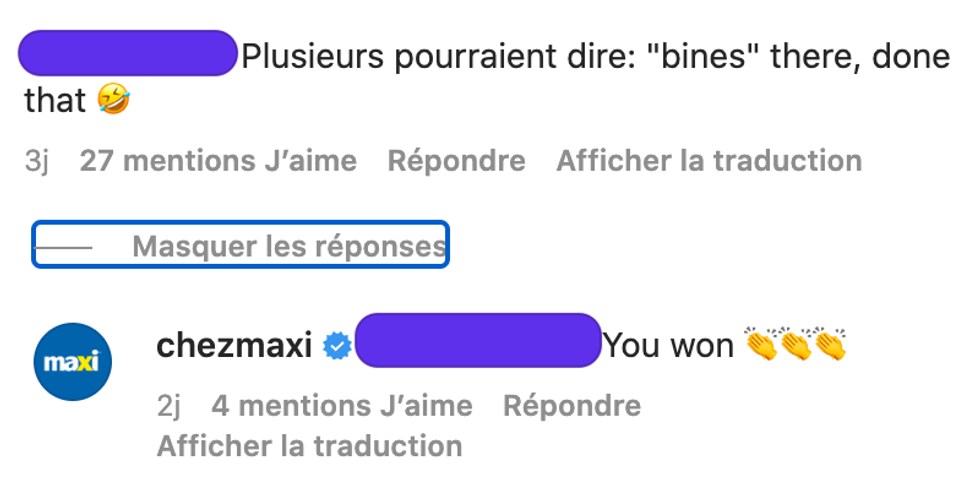 Commentaires sous la page Instagram de chez Maxi.