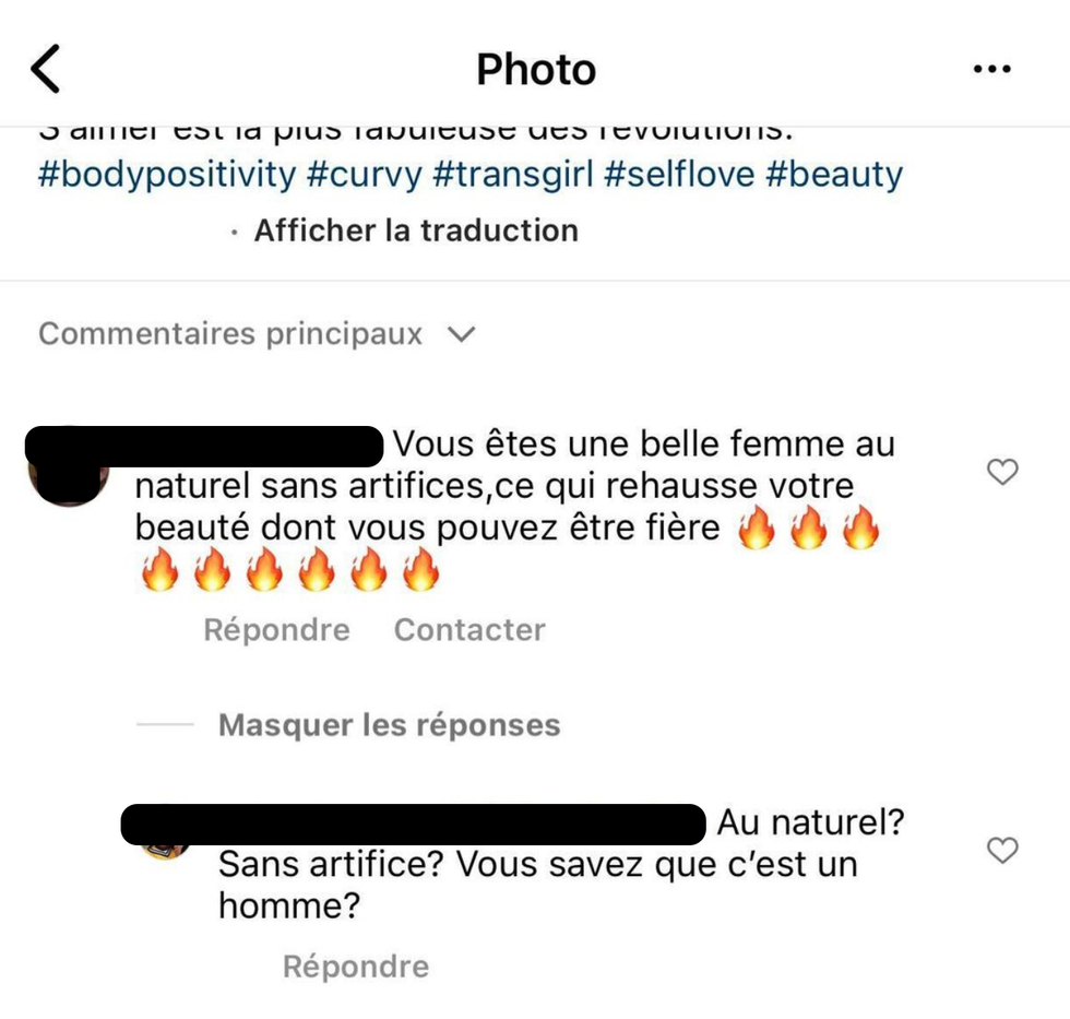Commentaires sous la photo de Khate Lessard.