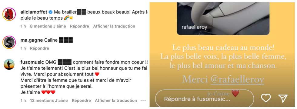 Commentaires sous la publication de Rafa\u00eblle Roy. Droite : Story Instagram de Fuso.