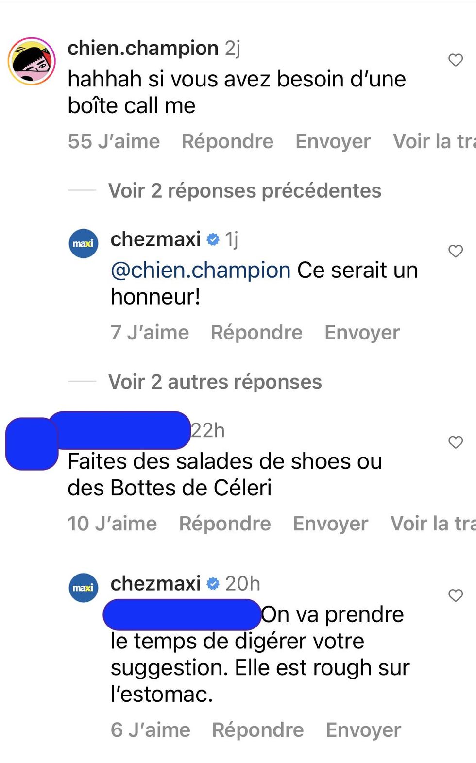 Commentaires sous la publication Instagram de Maxi.