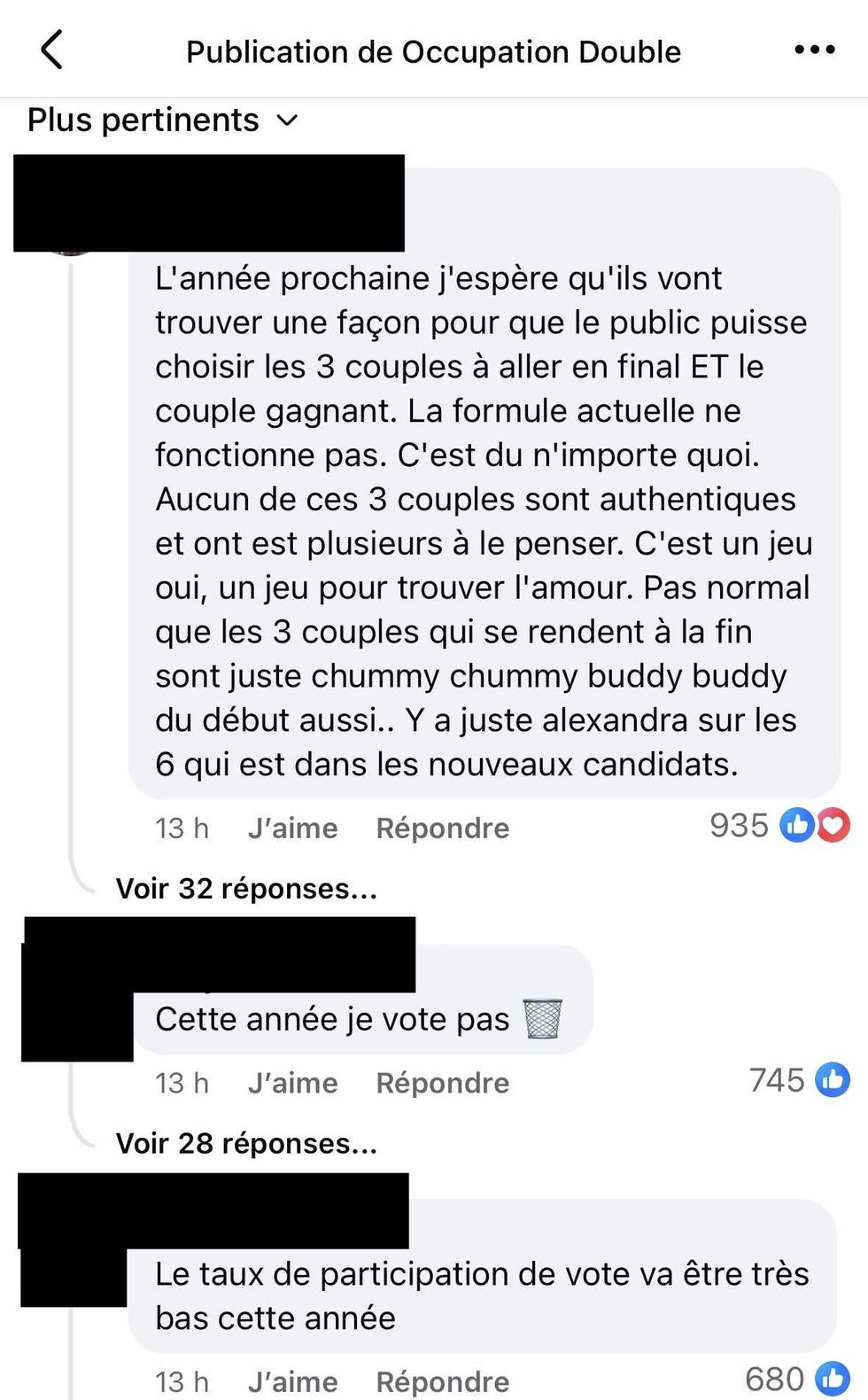 Commentaires sur Facebook.