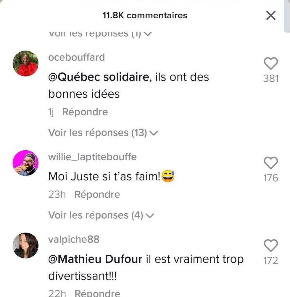 Commentaires sur un TikTok de Fran\u00e7ois Legault.