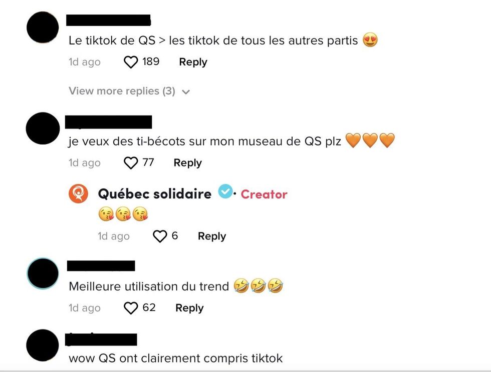 Commentaires TikTok sur la vid\u00e9o de Qu\u00e9bec solidaire.