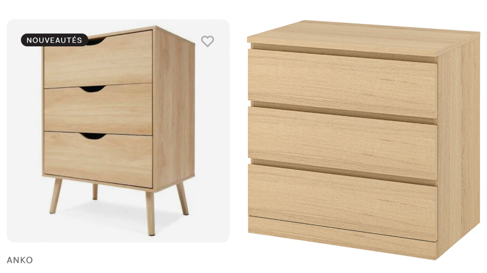 Commode Anko sur pattes. Droite : Commode IKEA \u00e0 trois tiroirs.