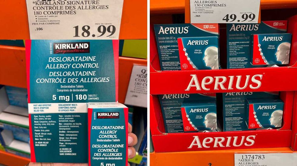 Comprim\u00e9s antihistaminiques pour le contr\u00f4le des allergies Kirkland Signature. Droite : Comprim\u00e9s antihistaminiques pour le contr\u00f4le des allergies de marque Aerius.