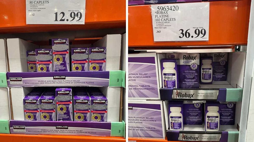 Comprim\u00e9s pour le soulagement des douleurs musculaires Kirkland Signature. Droite : Comprim\u00e9s pour le soulagement des douleurs musculaires Robax.