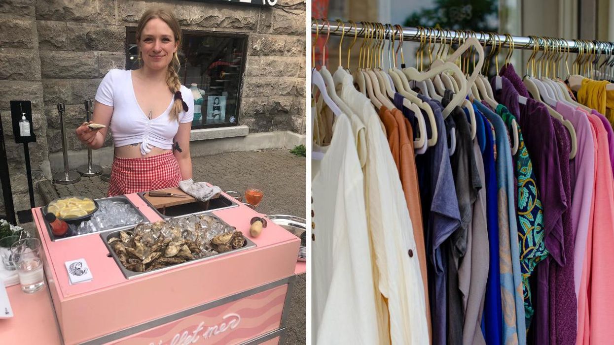 Comptoir L'effet-mer. Droite : Vêtements sur un présentoir.