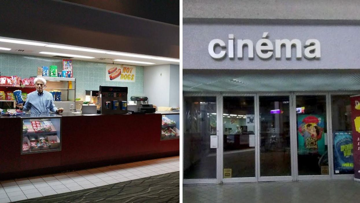 Comptoir nourriture du Cinéma Dollar. Droite : Façade du Cinéma Dollar.