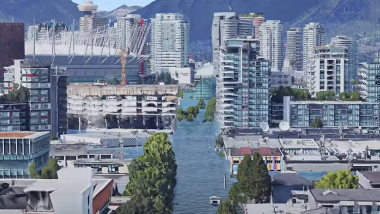 Computer generated images showing what flooding in Vancouver would look like with rising sea levels.