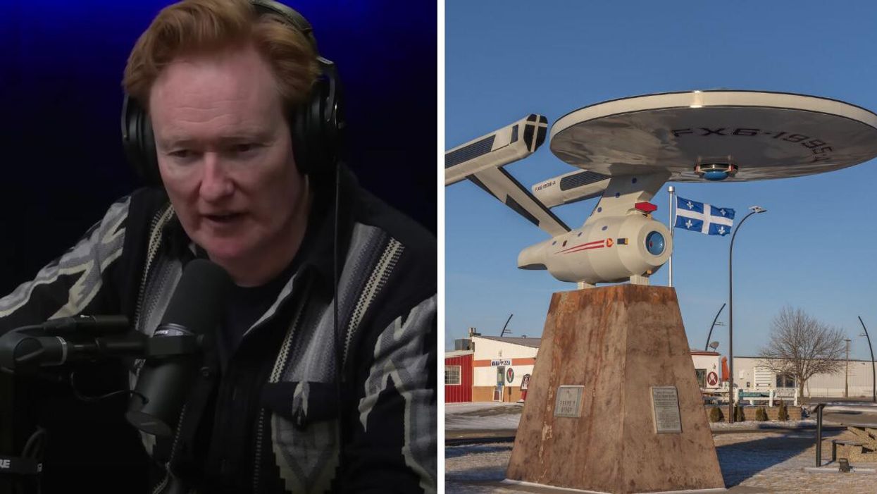 Conan O'Brien. Right: The USS Enterprise statue in Vulcan.