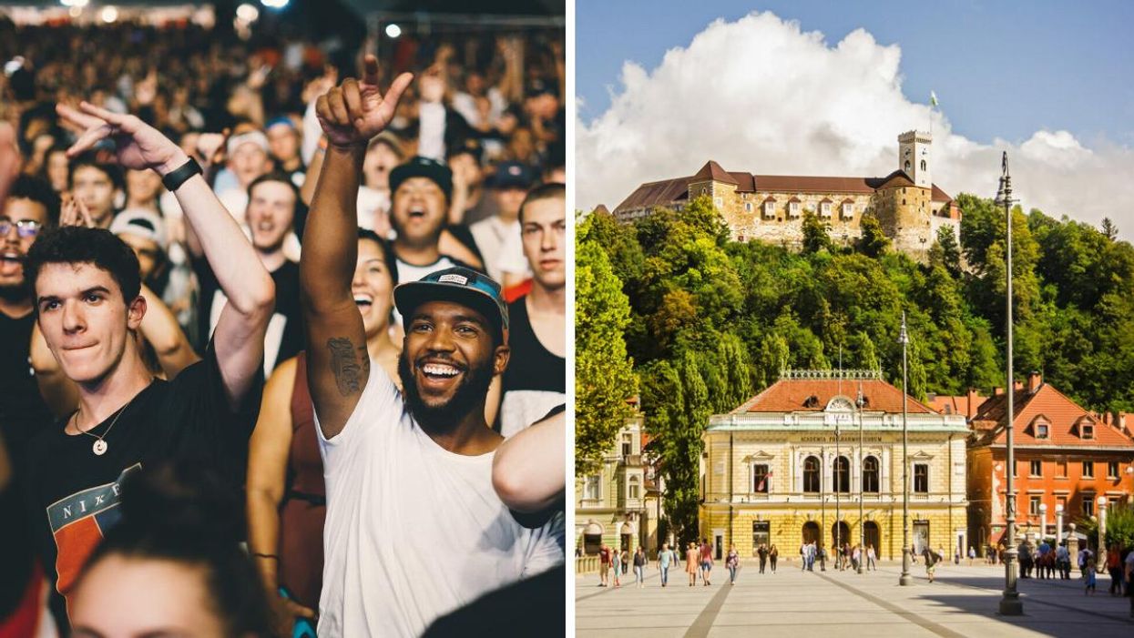 Concert goers celebrating. Right: A castle in Slovenia.