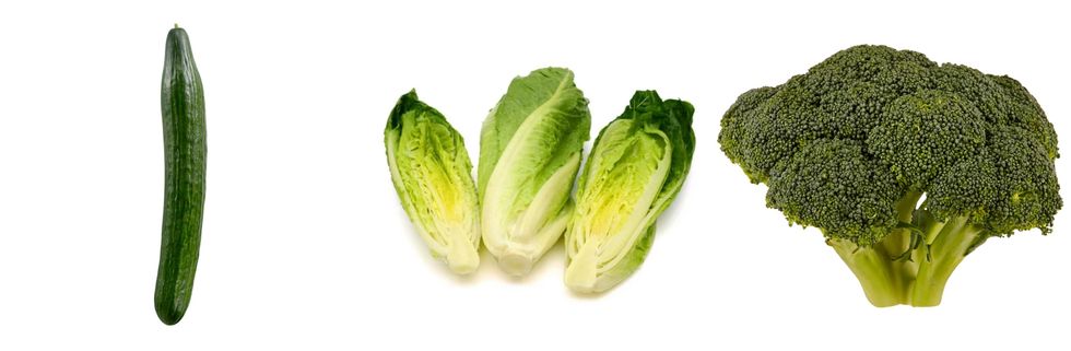 Concombre. Centre : Laitue romaine. Droite : Brocoli.