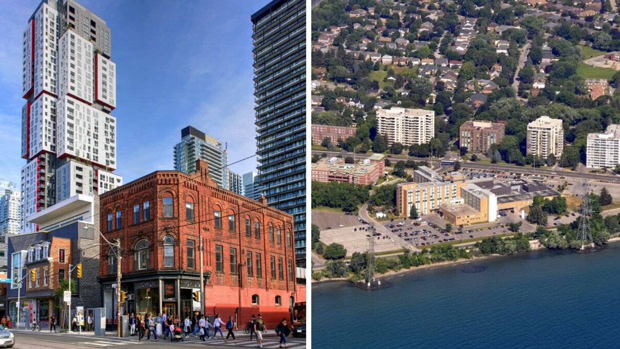 Condo building in Toronto. Right: Aerial view of homes in Burlington, Ontario.