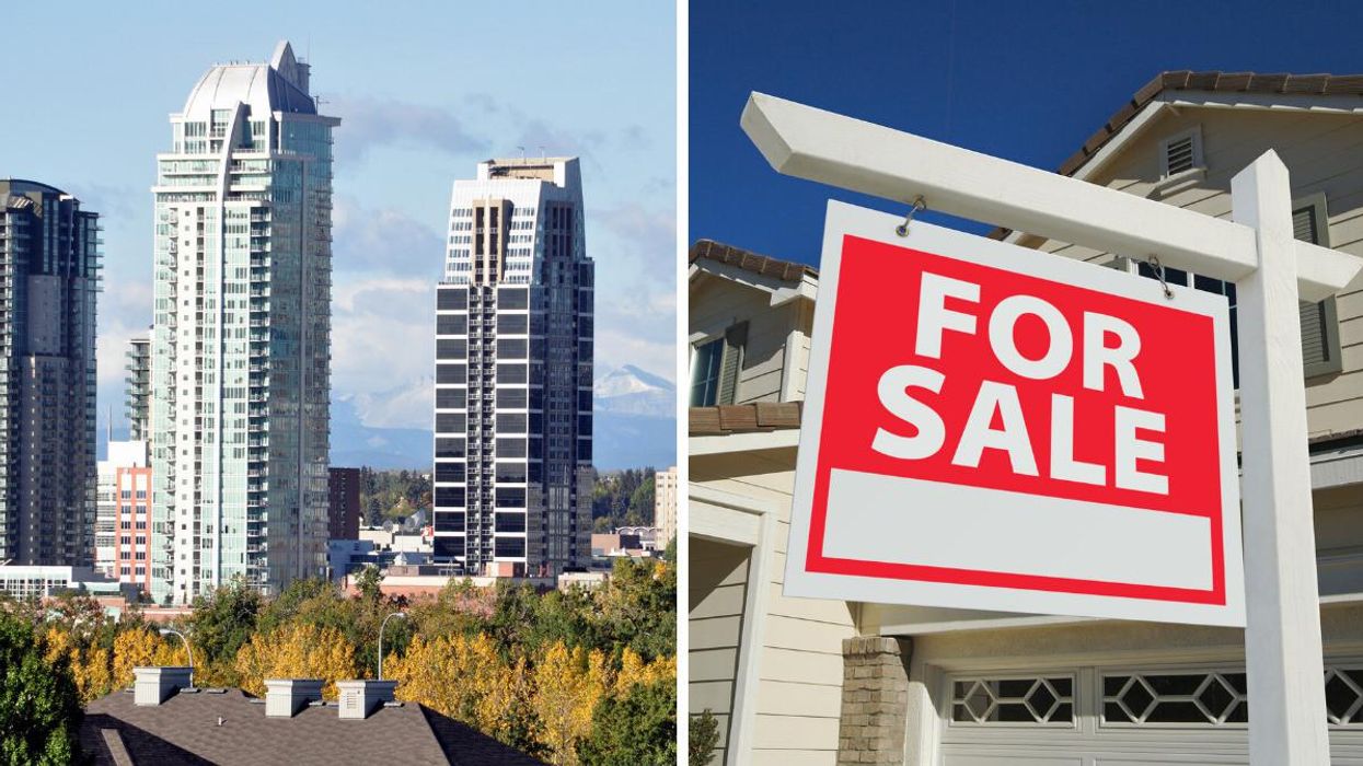Condo buildings in Calgary. Right: For sale sign outside a house.