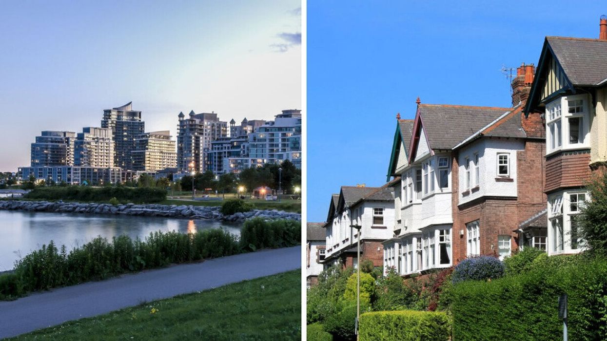 Condo buildings in Etobicoke. Right: Houses on street.