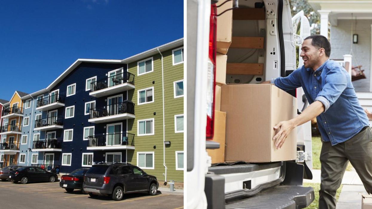 Condos in Lloydminster. RIght: Someone moving boxes.