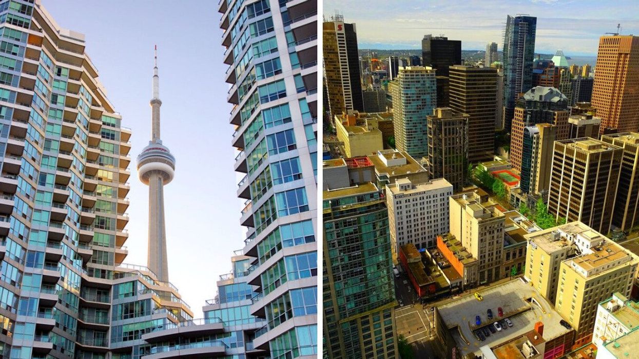Condos in Toronto near the CN Tower. Right: Vancouver skyline.