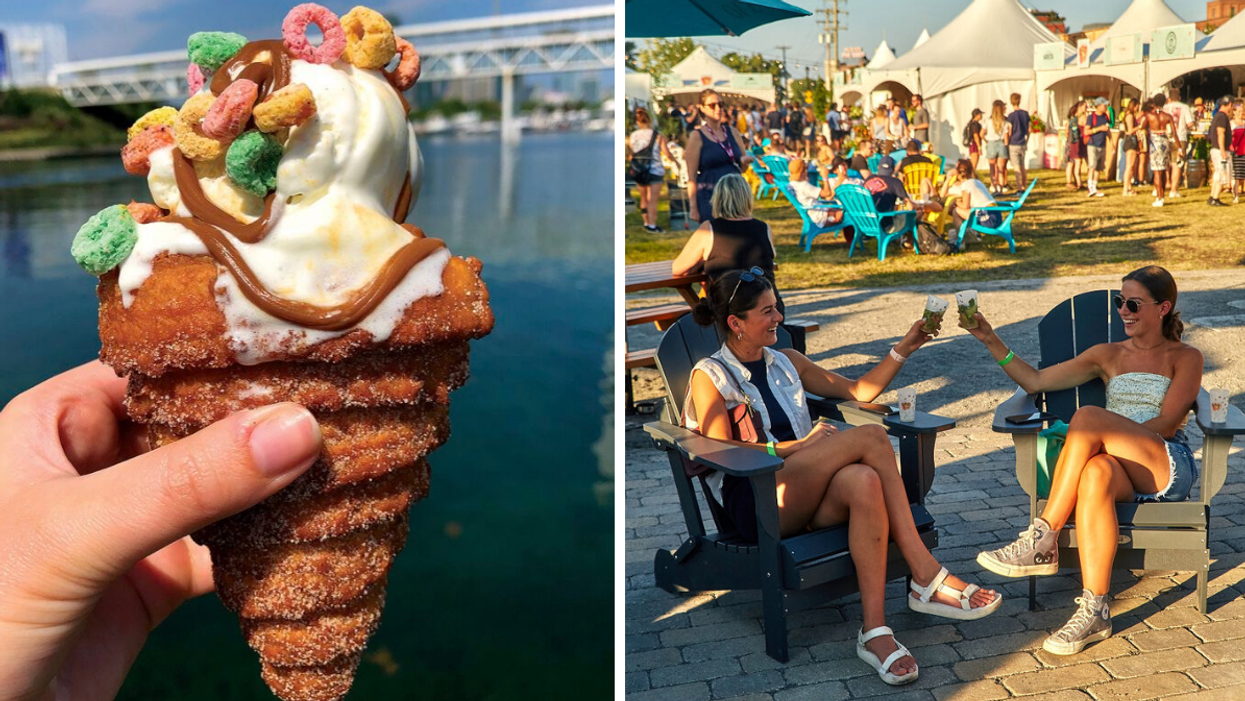 Cône en churros. Droite : Deux femmes au festival Soif de cidre.
