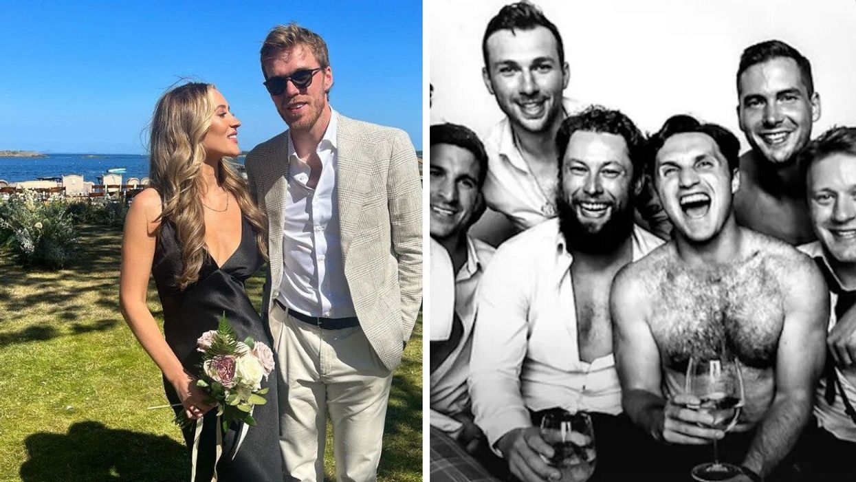 Connor McDavid and his fiancée Lauren Kyle. Right: John Tavares, Michael Bunting, Jake Muzzin, Alex Kerfoot, Justin Holl, and Morgan Rielly at Kerfoot's wedding.