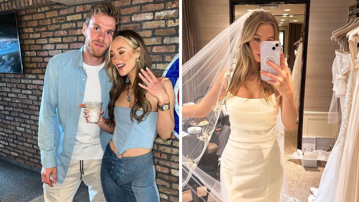 Connor McDavid and Lauren Kyle. Right: Lauren Kyle trying on a wedding dress.