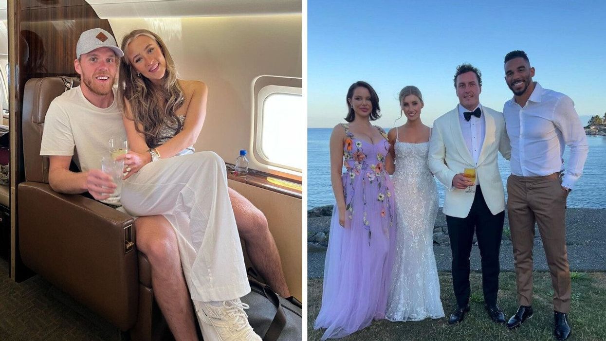 Connor McDavid and Lauren Kyle. Right: Mara Teigen, Emma Rose, Tyson Barrie and Evander Kane at Tyson and Emma's wedding.