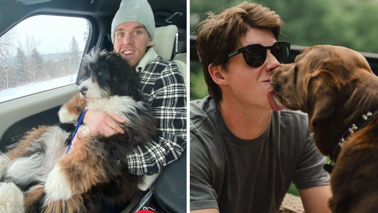 Connor McDavid with his dog Lenard. Right: Mitch Marner with his dog Zeus.