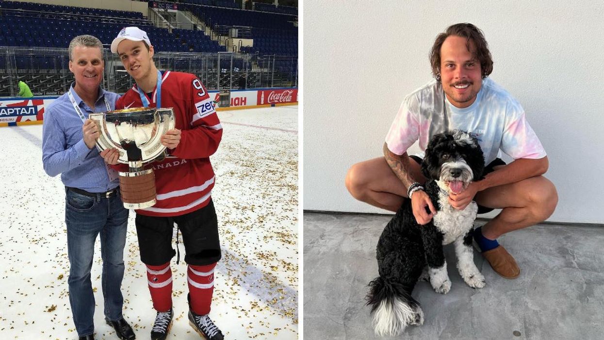 Connor McDavid with his father. Right: Auston Matthews with his dog.