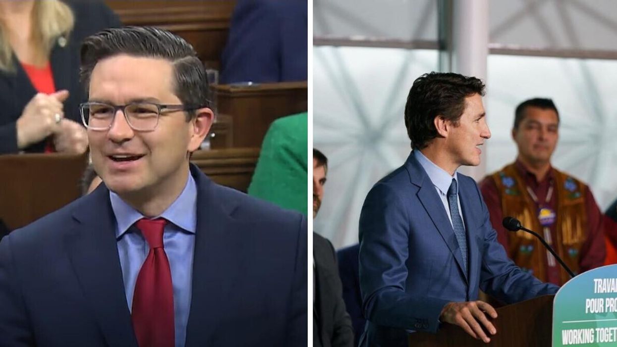 Conservative Leader Pierre Poilievre. Right: Prime Minister Justin Trudeau.