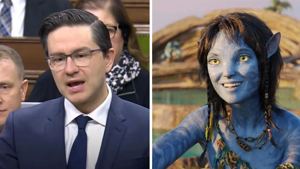 Conservative leader Pierre Poilievre. Right: Sigourney Weaver as Kiri in Avatar: The Way of Water.