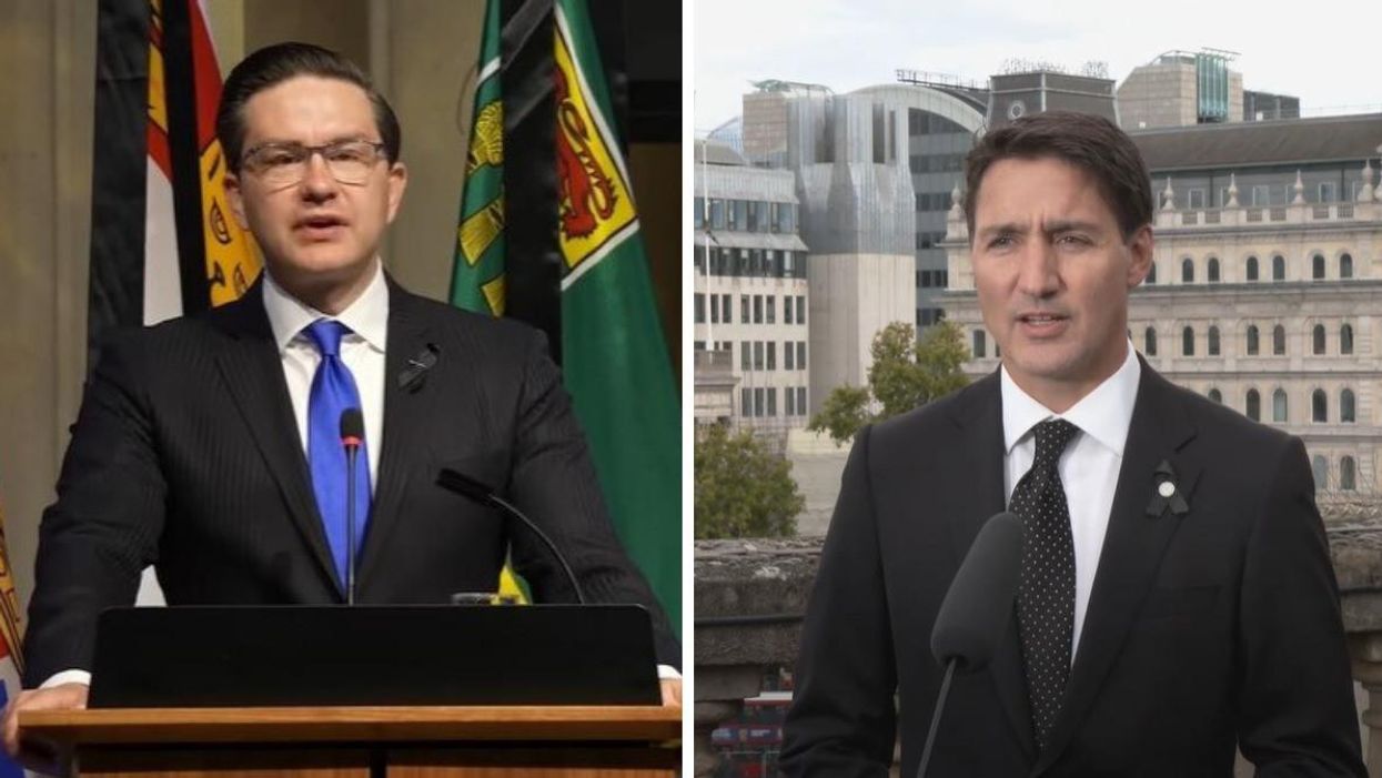 Conservative Party leader Pierre Poilievre. Right: Prime Minister Justin Trudeau.
