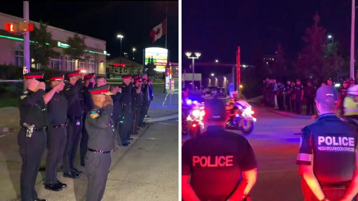 Constable Andrew Hong's escort. Right: Officers paying their respects.