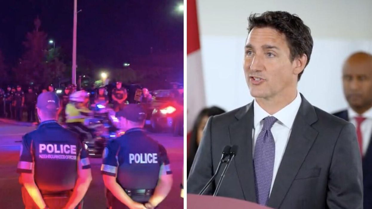 Constable Andrew Hong's procession. Right: Prime Minister Justin Trudeau.